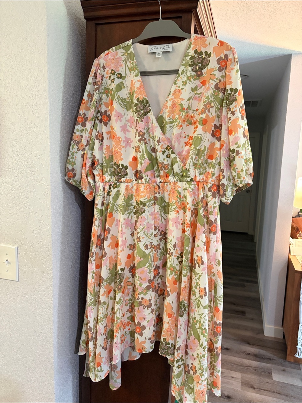 Floral Faux-Wrap Midi Dress in Pink, Orange & Green